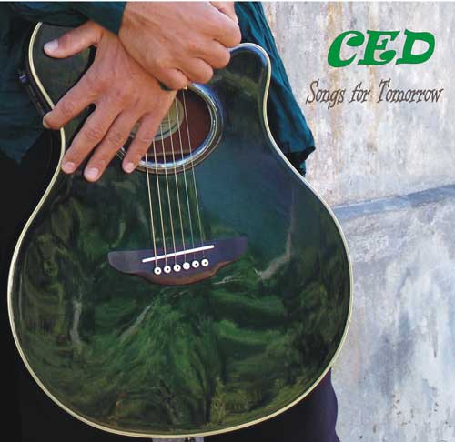Album cover guitar with hands and writing CED Songs for tomorrow